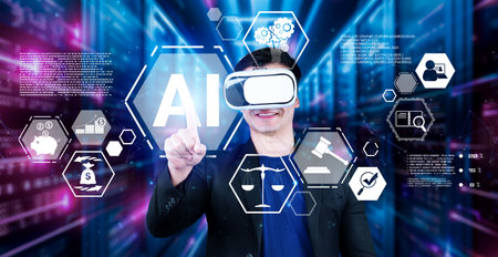 Smart business man with headset standing at data center while using AI assistance. Project manager...