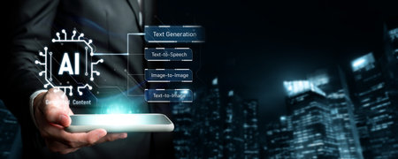 Human interact with AI artificial intelligence brain processor in concept of AI artificial intelligence engineering, big data and AI machine learning to use generative AI for business support. Faasの写真素材