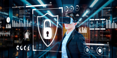 Business man looking at security system hologram and standing at data center. Skilled project...