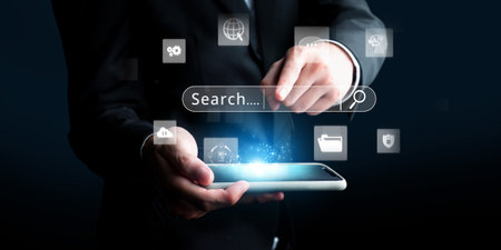 Business person conducts search engine research, extracting valuable data for strategic decisions....
