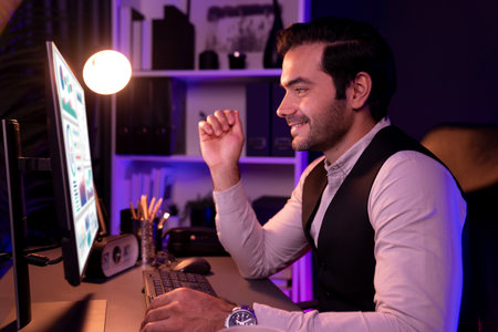 Smiling smart businessman remotely meeting sales team online team member, discussing research target...