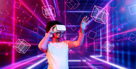 Girl looking around at geometric shape floating in metaverse. Happy teenager or gamer using VR...