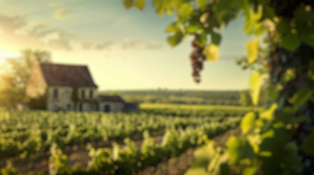 Blur background of vibrant vineyard landscape at sunset with colorful sky. Landscape painting. Colorful flower field with farm with blue sky. Wine country and serenity concept. Poster concept. Spate.の素材