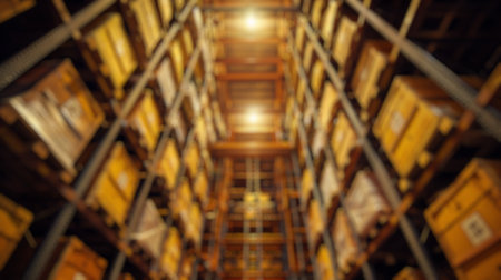 Blur background of abandoned storage or warehouse with box with name tag scatter on shelves. Interior photography with focus on decay. Historical preservation and urban exploration concept. Spate.の素材