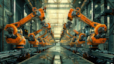 Blur background of robot machine working together at production line. Factory machine or robotic electronic device connecting with system and designing and making product following program. Spate.の素材