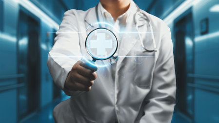 Close up of smart doctor holding magnifying glass with medical cross hologram. General practitioner checking and diagnosis symptom by using technology while connecting with medical data. Remedial.の写真素材