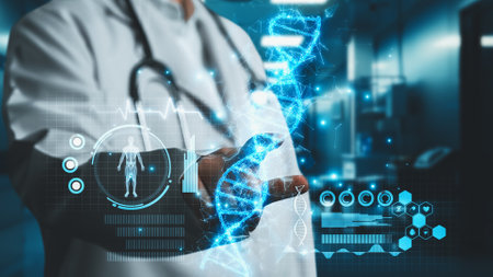 Close up of smart doctor pointing at DNA sample hologram floating at laboratory with blurring background. Medical worker looking and accessing at medical data for diagnosis genetic disorder. Remedial.の写真素材