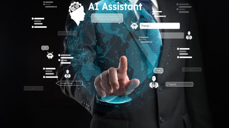 Human interact with AI artificial intelligence virtual assistant chatbot in concept of AI artificial intelligence prompt engineering, LLM AI deep learning to use generative AI for work support. FaaSの写真素材