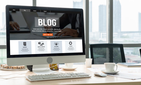 blogging concept, web blog Social Media Information network snugly. social media online content, freelance worker, working online, content creator, blogger, website, reading blog online on computerの写真素材