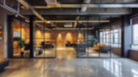 Blur background of blurred modern office interior with plant on desk. Workplace with plant...