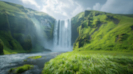 Blur background of mystical waterfall with sunlight piercing through lush greenery. Nature and green environment photography. Magical and serene concept. Design for poster, greeting card. Spate.の写真素材