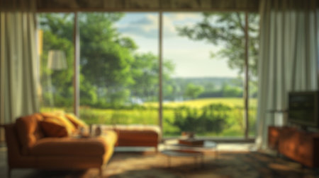 Blur background of modern living room with large windows with nature, sofa and a garden view. Contemporary interior design and nature concept. Design for poster, wallpaper, greeting card. Spate.の写真素材