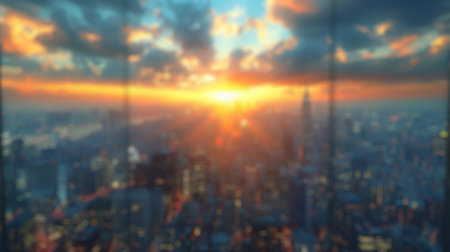 Blur background of orange sunrise over city skyline viewed through glass windows. Vibrant morning cityscape photography. Urban life and new beginnings concept.の写真素材