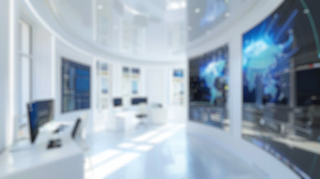 Blur background of contemporary office with greenery and bright natural light. Office interior...