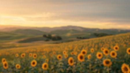 Blur background of sunflower in full bloom under a sunny sky. Sunflower blooming in garden at sunset with blurring background. Nature photography. Summer and agriculture concept.の写真素材