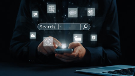 Search engine research being conducted with digital icons and search bar interface displayed in dark environment. Focus on technology interface for comprehensive research and SEO data analysis.の写真素材