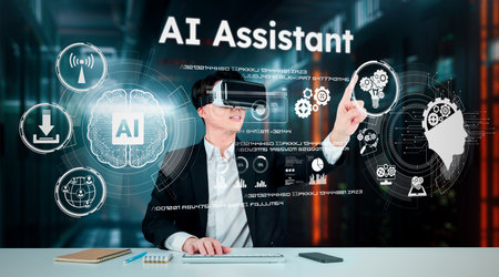 Professional wearing VR headset while interacting with AI technology interface. User with formal...