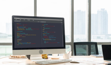 Software development programming on computer screen for application and program codingの写真素材