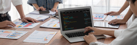 Software development programming on computer screen for brisk application and program coding