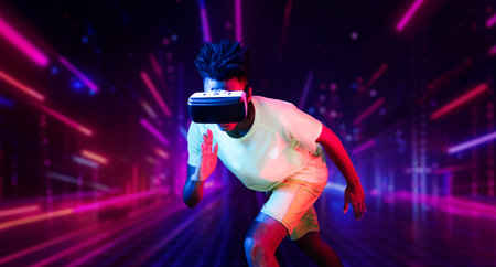 African man wearing VR headset while exercising at an abstract background with glowing pink and blue...
