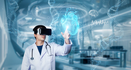Doctor wearing VR glasses and lab coat pointing at medical data while managing augmented reality technology and standing at laboratory with blurring background. Healthcare and innovation. Ingenuity.の写真素材
