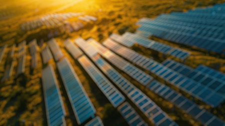 Blur background of solar station panel in the field with blue sky. Clean electrical energy. Ecology....