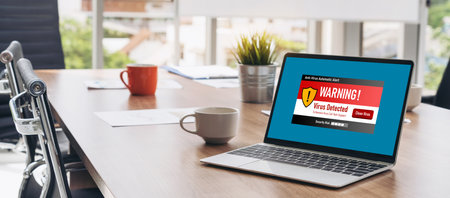 Virus warning alert on computer screen detected modish cyber threat , hacker, computer virus and malwareのeditorial素材