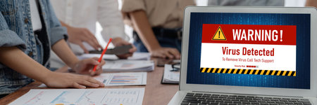 Virus warning alert on computer screen detected brisk cyber threat , hacker, computer virus and malwareの写真素材