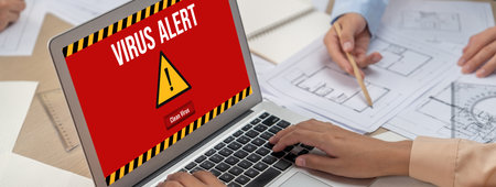 Virus warning alert on computer screen detected brisk cyber threat , hacker, computer virus and...