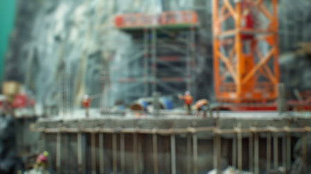 Blur background of construction workers working at a building site with scaffolding and machinery. Professional civil engineer or worker working at site. Industrial and construction process. Spate.の写真素材