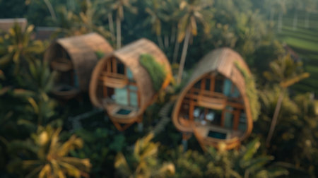Blur background of traditional bamboo houses in a green grass field. Realistic digital artwork of resort made from wood. Cultural travel and rural life concept. Design for travel brochure. Spate.の写真素材
