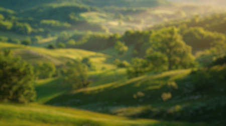 Blur background of countryside landscape in spring season with lawn and blue sky. Park surrounded...