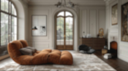 Blur background of elegant bedroom with bed, and natural light. Interior design modern bedroom with furniture. Luxurious home interior design. Design for poster, wallpaper, banner, header. Spate.のeditorial素材