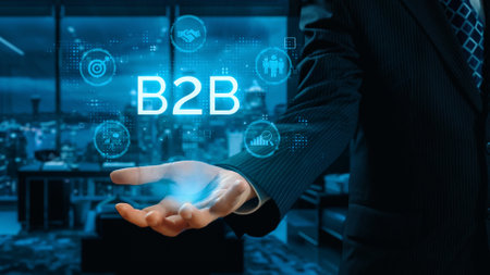 Business person navigates B2B landscape, harness technology to enhance business-to-business connections. Discover reshapes B2B interaction, driving innovation in business-to-businesses strategy. UUIDの写真素材