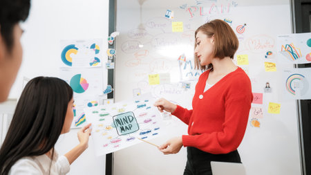 Professional young leader present business idea by using mind map at business meeting surrounded by professional cooperate colleague discussing and brainstorming about her strategy. Immaculate.の写真素材