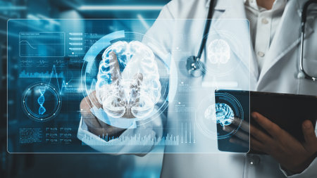 Close up of smart doctor holding tablet and holding brain hologram floating at laboratory with blurring background. Medical worker checking preparing for brain surgery. Neuro science design. Remedial.の写真素材
