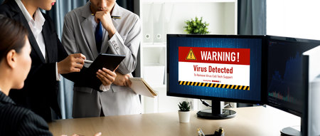 Virus warning alert on computer screen detected brisk cyber threat , hacker, computer virus and malwareの写真素材