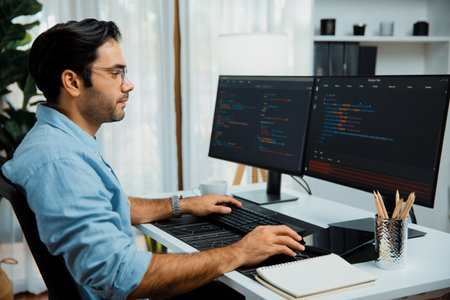 Smart IT developer working software development coding with creating application program update version online website on datas company system two computer code pc screen at modern office. Surmise.の写真素材
