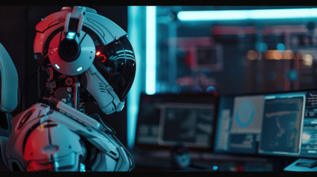 The picture of the robot working as the call center assistant and providing assistance to customers,...