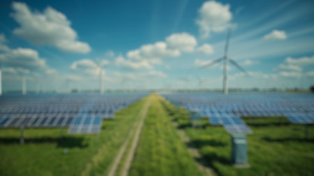 Blur background of solar panel and wind turbines on a green field with yellow flowers. Renewable energy and sustainable technology concept. Design for poster, wallpaper, banner. Clean energy.の写真素材