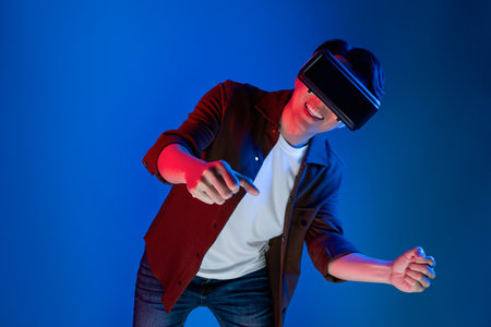 Gamer wearing VR turning to metaverse new world driving in car racing competition game player...