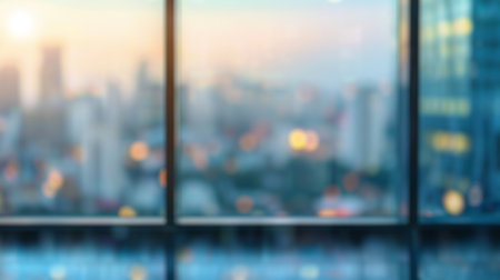 Blur background of foggy over city skyline viewed through glass windows at day time. Vibrant morning cityscape photography. Urban life and new beginnings concept. Design for poster, wallpaper.の写真素材