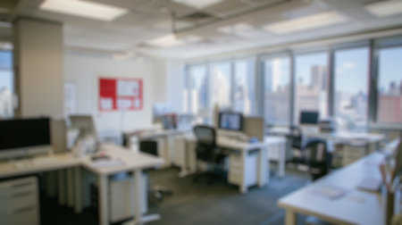 Blur background of modern office with cityscape view and minimalist decor. Modern interior design with white and red color.Stylish and professional workplace design. Design for poster, banner. Spate.のeditorial素材