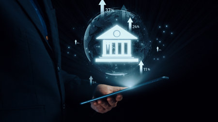 Business person transforms online banking, employing tech for innovative finance solutions. Streamlining banking and finance processes, Technology elevates online banking to new heights. UUIDの写真素材