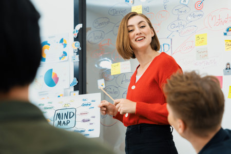 Professional young leader present business idea by using mind map at business meeting surrounded by...
