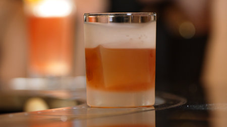 Closeup bartender pouring mixed cocktail whiskey into cool glass textured cooling ice drink making...