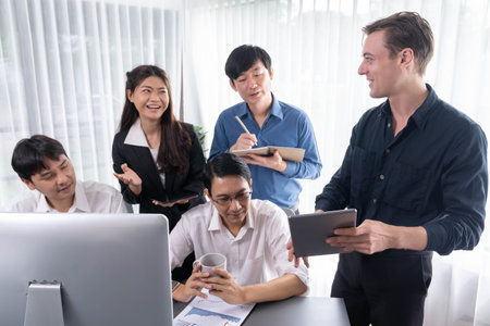 Group of diverse office worker employee working together on strategic business marketing planning in corporate office room. Positive teamwork in business workplace concept. Prudentの写真素材