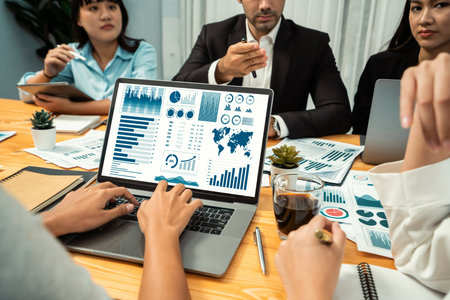 Financial data analysis dashboard by business intelligence display on laptop screen to in-depth...