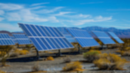 Blur background of solar station panel in the field with blue sky. Clean electrical energy. Ecology. Top view of solar panel absorb sunlight and generate electricity. Technology innovation.の写真素材
