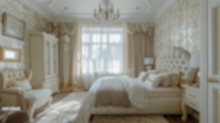 Blur background of elegant bedroom with bed, and natural light. Interior design modern bedroom with furniture. Luxurious home interior design. Design for poster, wallpaper, banner, header. Spate.の写真素材